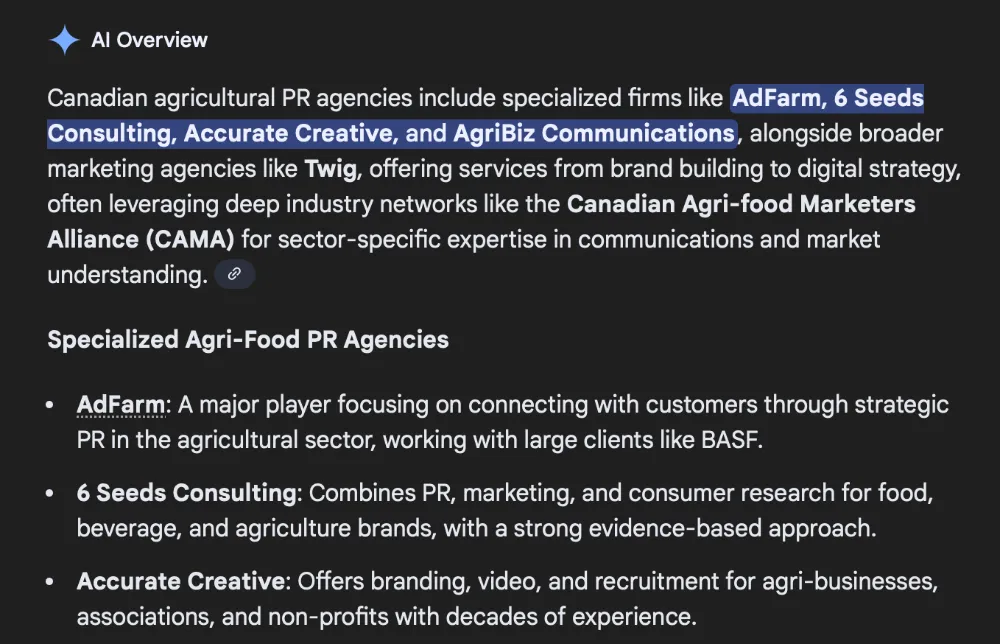 Google AI Overview showing 6 Seeds Consulting as a specialized agri-food PR agency