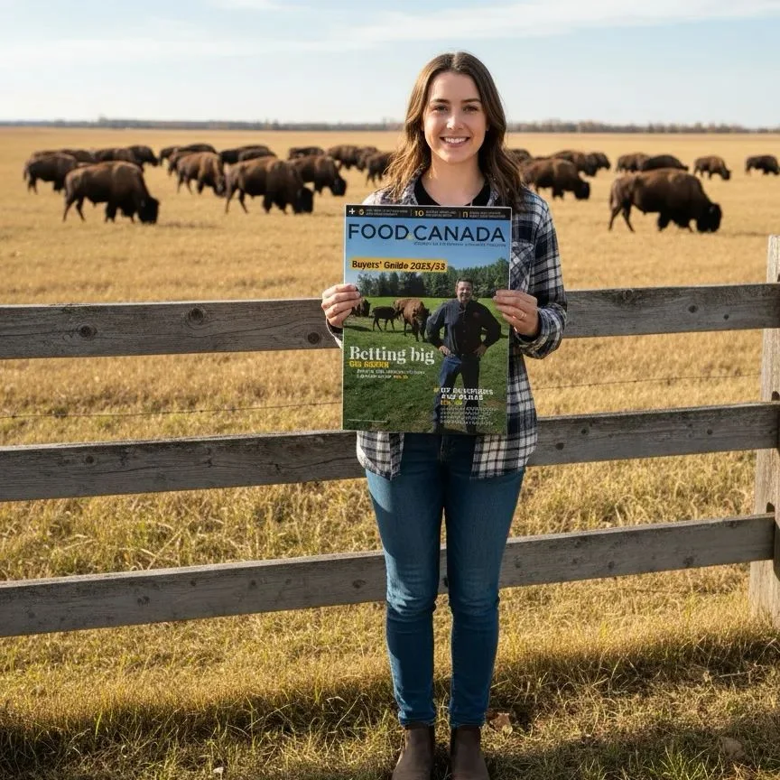 Professional holding Food in Canada magazine in agricultural setting representing food industry PR and media coverage